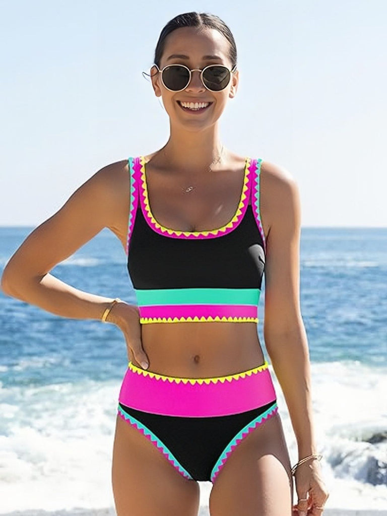 3PCS Contraste de Couleur Zigzag Bordure Ensemble Tankini & Cache-Maillot Années 1950 5