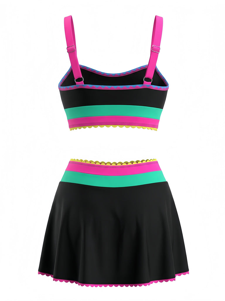 3PCS Contraste de Couleur Zigzag Bordure Ensemble Tankini & Cache-Maillot Années 1950 3
