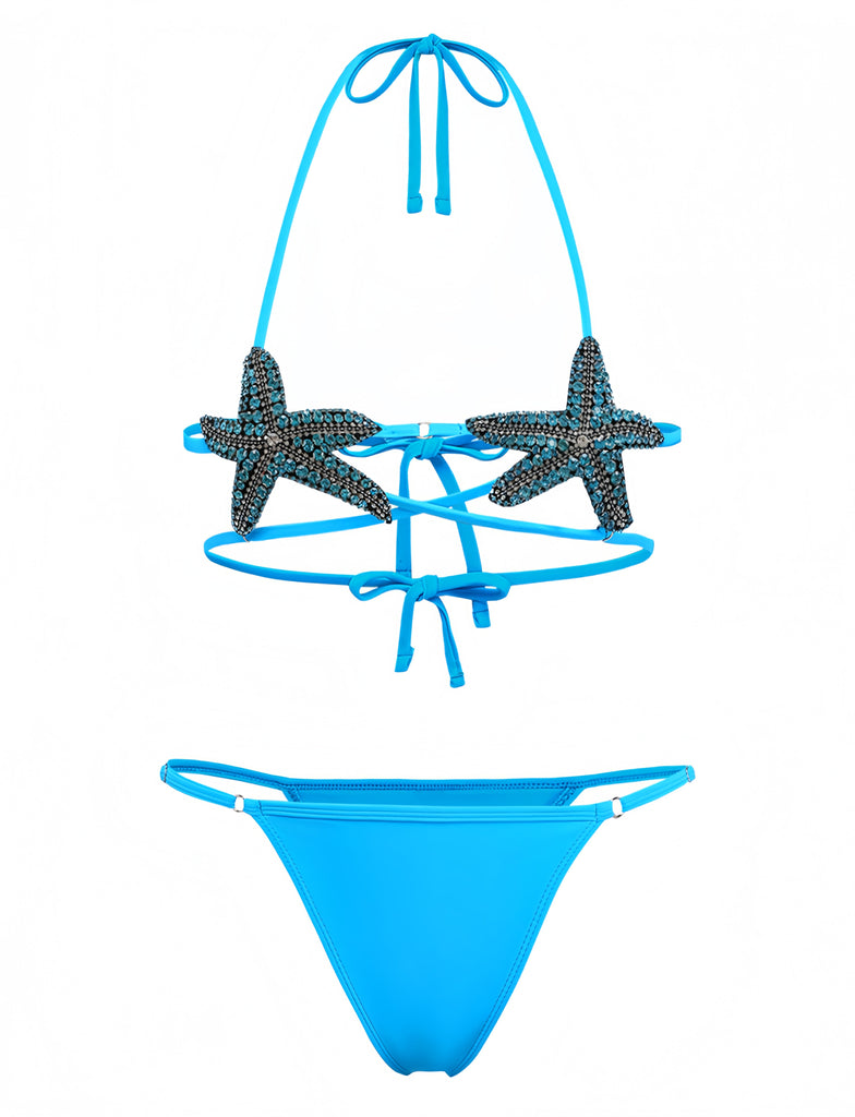 Bleu Halter Étoile de Mer Ensemble Bikini Années 1980 2