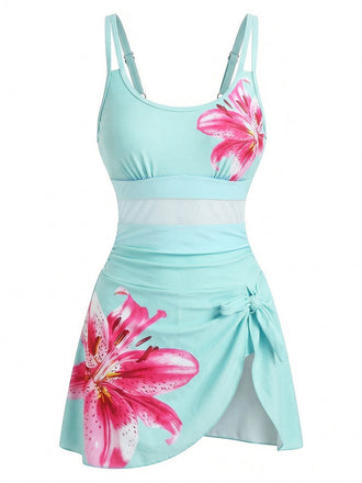 Maillot de bain maille bretelles col rond fleuri 1940s