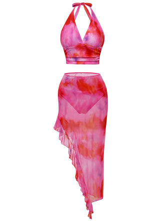 Rose Dégradé Halter Ensemble Tankini & Asymétrique Cache-Maillot Années 1950 2