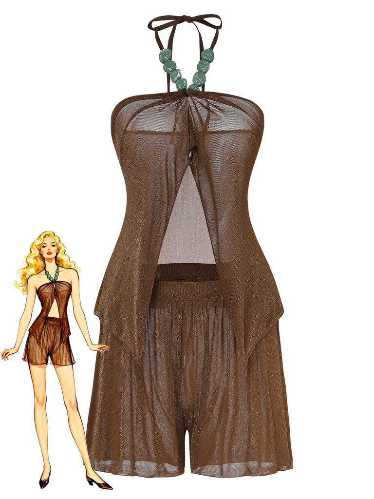 Marron Halter Uni Cache-Maillot Ensemble Années 1940