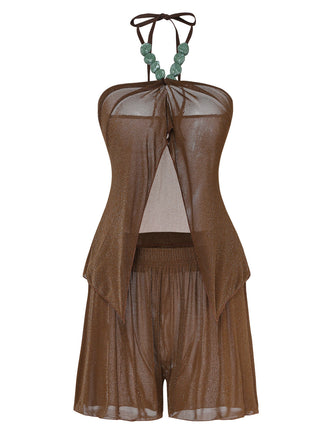Marron Halter Uni Cache-Maillot Ensemble Années 1940 2