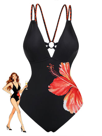 Noir Floral Profond V Double Strap Maillot de Bain Une Pièce Années 1950