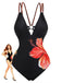 Noir Floral Profond V Double Strap Maillot de Bain Une Pièce Années 1950