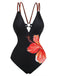 Noir Floral Profond V Double Strap Maillot de Bain Une Pièce Années 1950 2