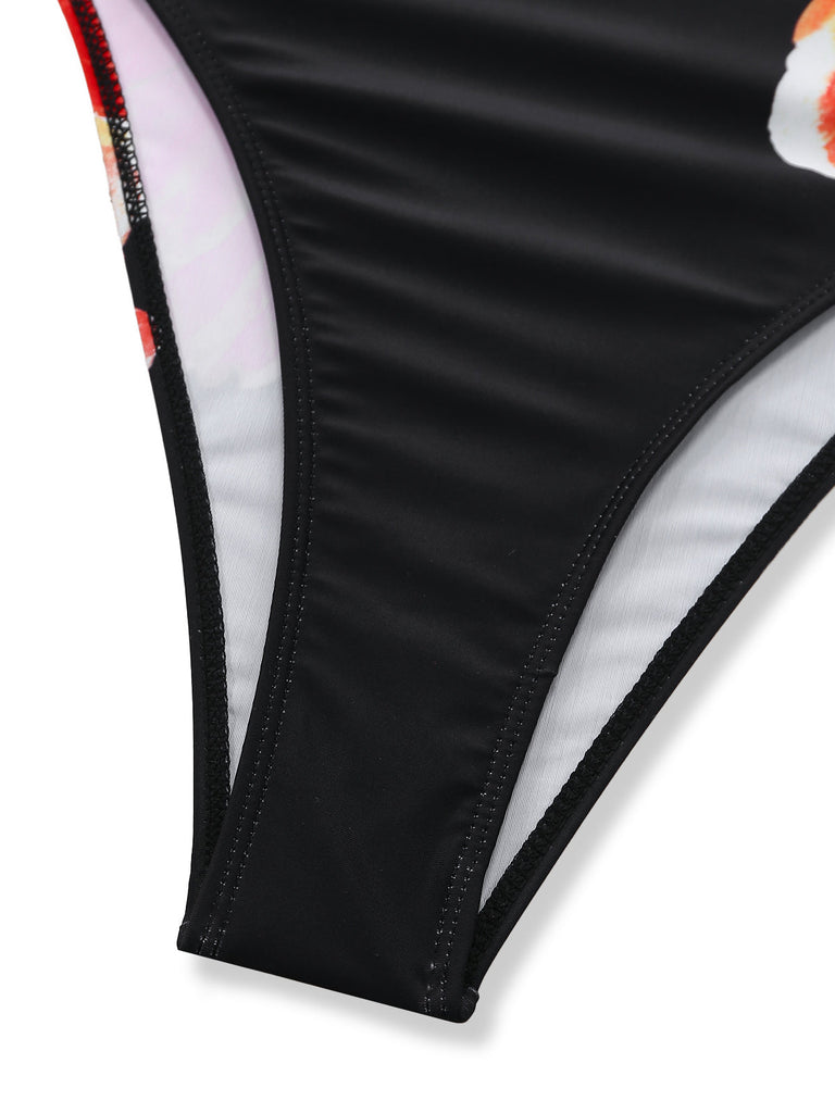 Noir Floral Profond V Double Strap Maillot de Bain Une Pièce Années 1950 6