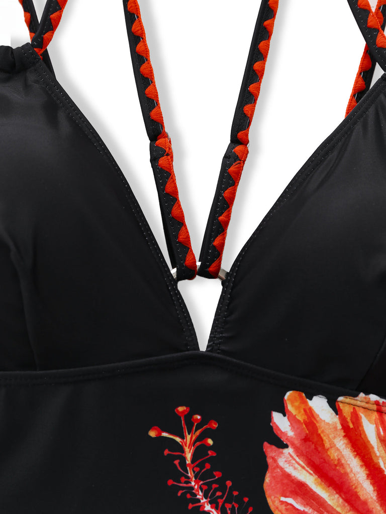 Noir Floral Profond V Double Strap Maillot de Bain Une Pièce Années 1950 4