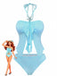 Ensemble tankini bleu ciel bretelles volants nœud et paillettes années 1950
