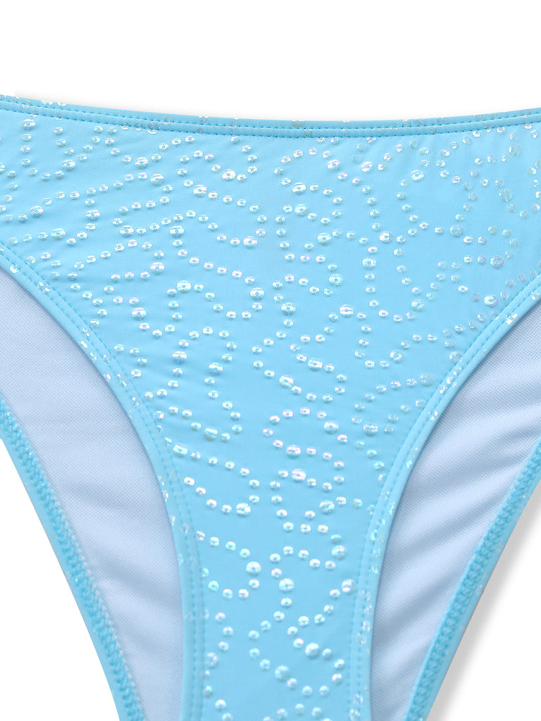 Bleu Ciel Halter Volant Nœud Pailleté Ensemble Tankini Années 1950 5