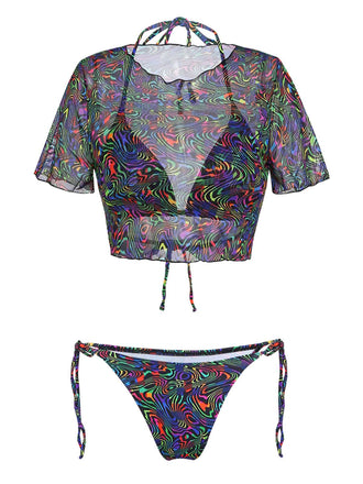 Maillot de Bain 2PCS Noir Camo & en Filet Crop Années 1960