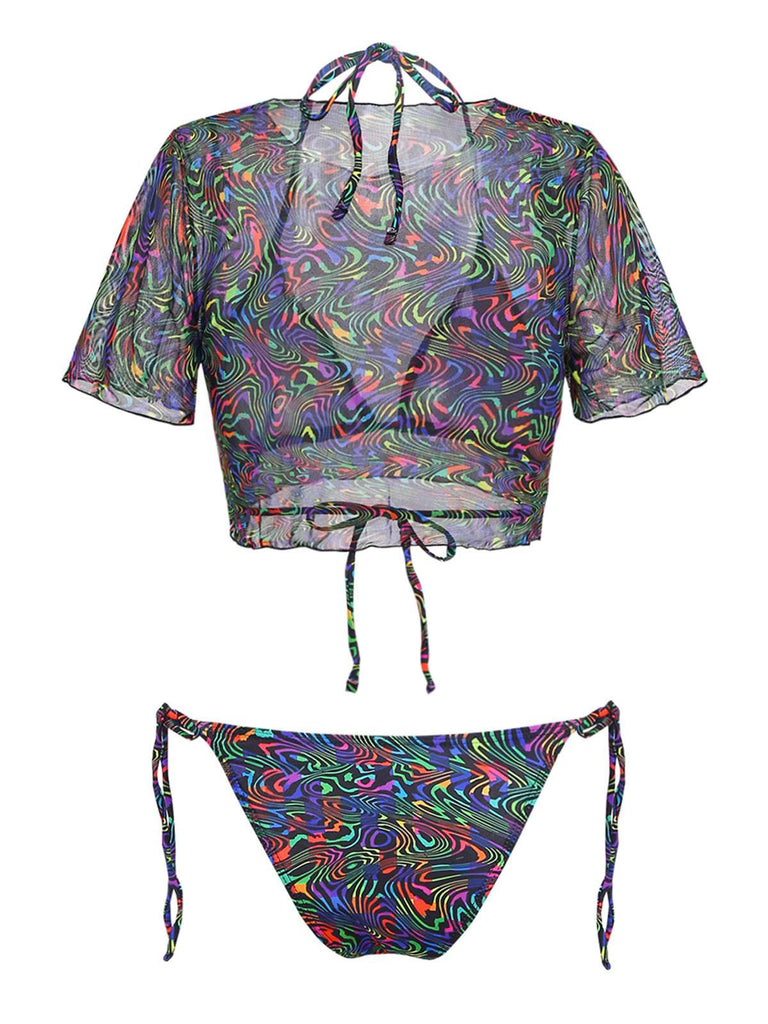 Maillot de Bain 2PCS Noir Camo & en Filet Crop Années 1960 2