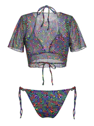 Maillot de Bain 2PCS Noir Camo & en Filet Crop Années 1960 2