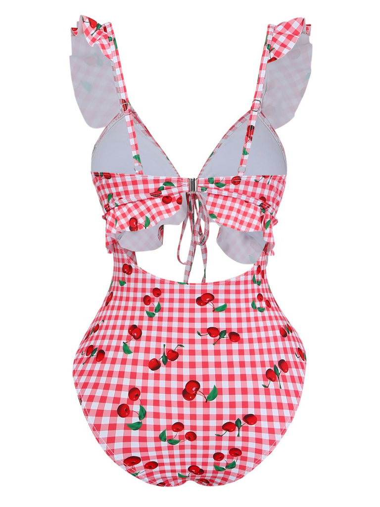 Rouge à Carreaux Cerise à Volants Décolleté Cœur Maillot de Bain Une Pièce Années 1950 3