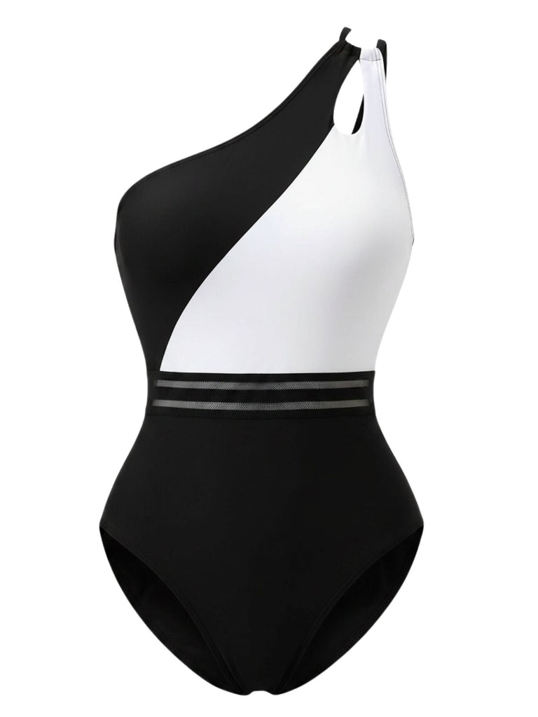 Maillot de Bain Une Épaule Colorblock Uni Années 1960 2