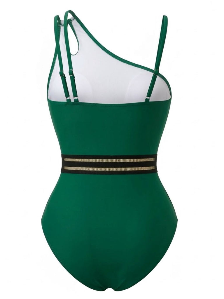 Maillot de Bain Une Épaule Colorblock Uni Années 1960 8