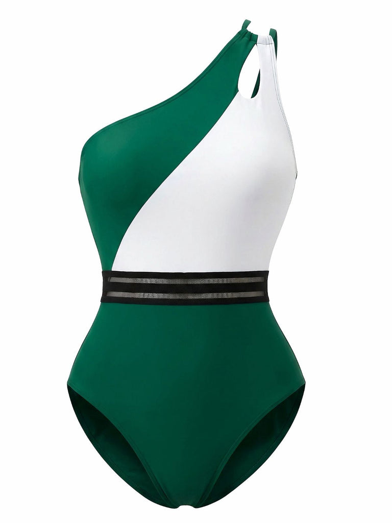 Maillot de Bain Une Épaule Colorblock Uni Années 1960 7