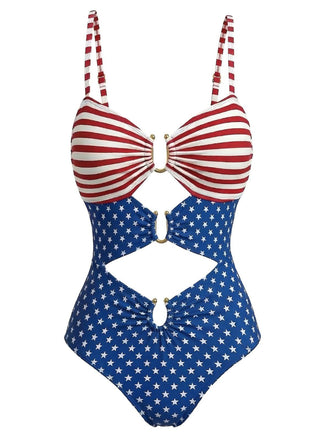 Maillot de Bain Une Pièce à Étoiles et Rayures à Découpes Années '40 2