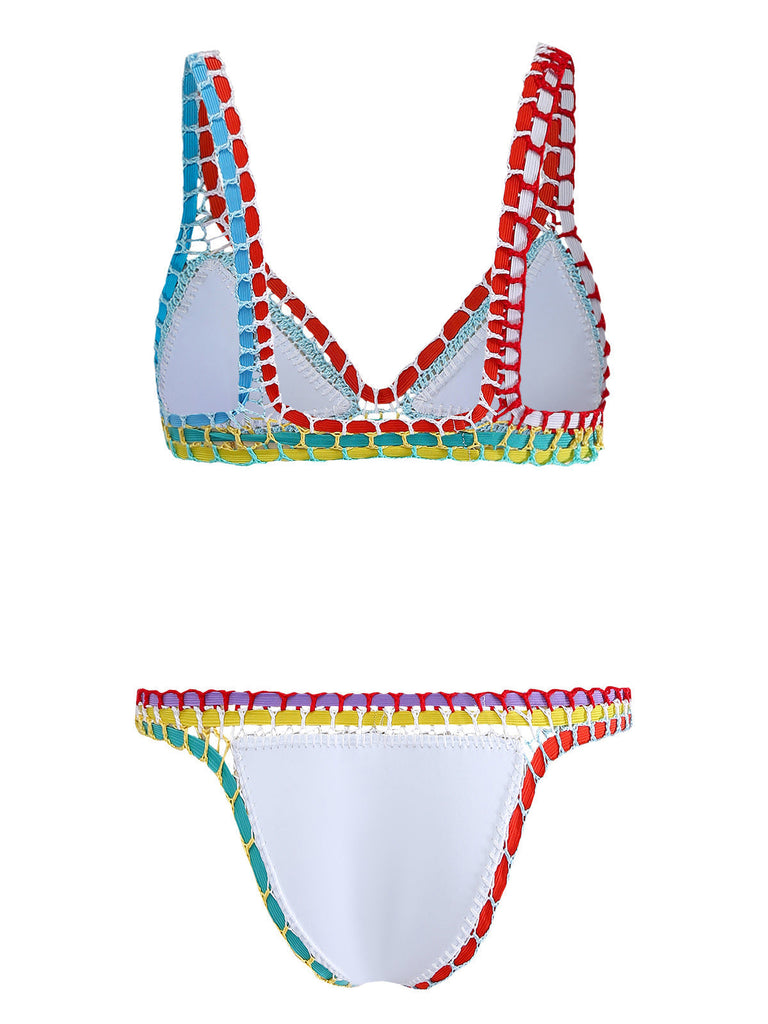 Blanc Coloré Tricot Halter Ensemble Bikini Années 1950 3