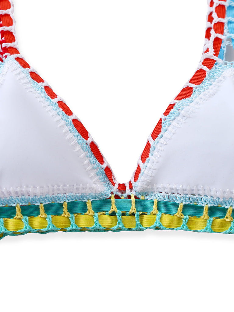 Blanc Coloré Tricot Halter Ensemble Bikini Années 1950 5