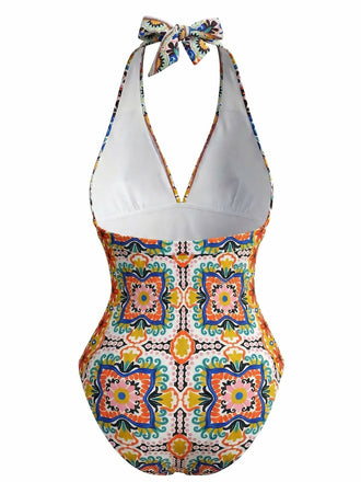 Multicolore Méditerranéen Imprimé Halter Maillot de Bain Une Pièce Années 1930 2