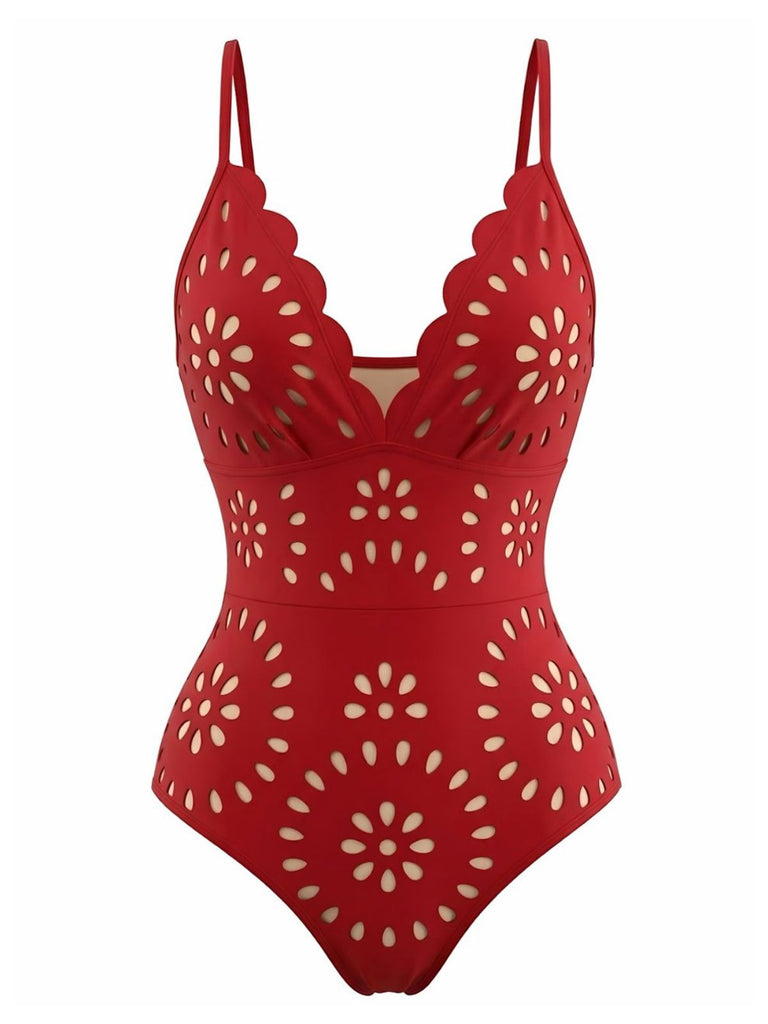 Rouge Uni Dévoré Petal Collar Maillot de Bain Années 1950 2