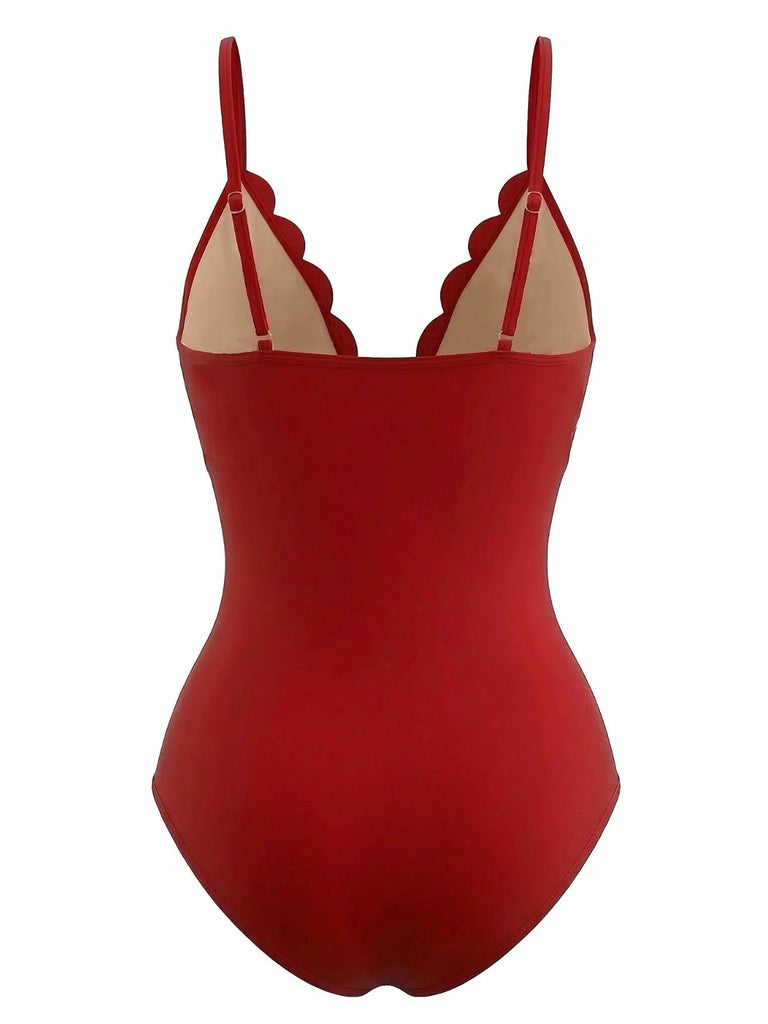 Rouge Uni Dévoré Petal Collar Maillot de Bain Années 1950 3