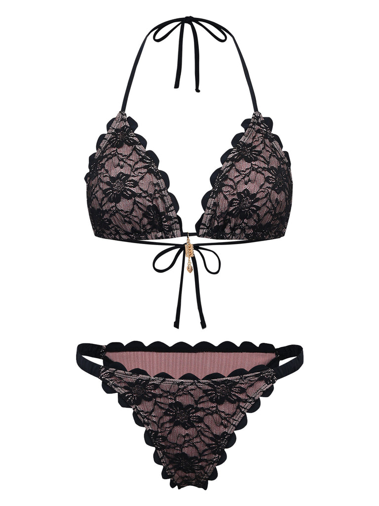 Ensemble Bikini Halter Dos Nu en Dentelle Noir Années 1940 2