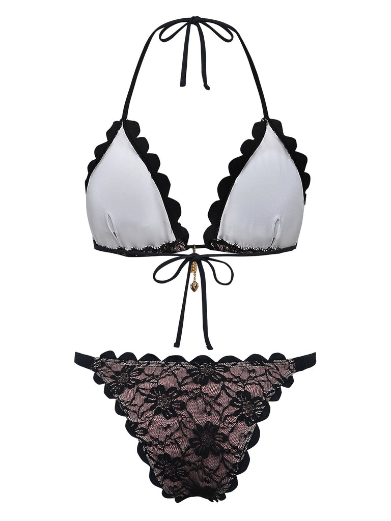 Ensemble Bikini Halter Dos Nu en Dentelle Noir Années 1940 3