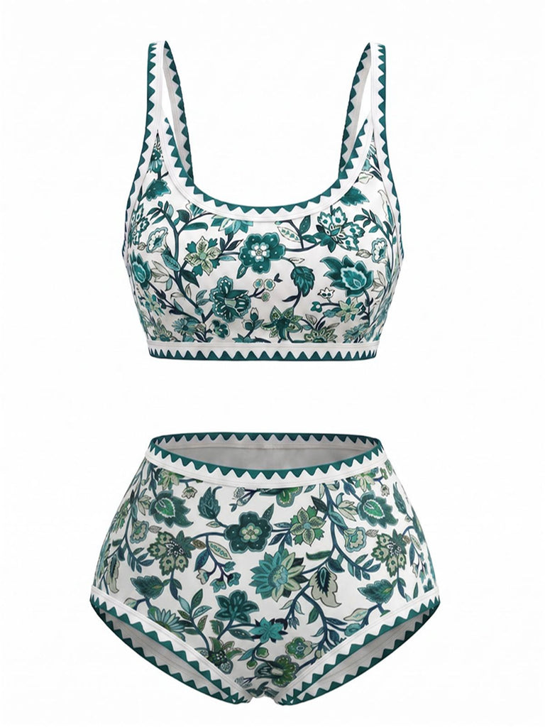 Ensemble Bikini Rose Col Rond Floral Taille Haute Années 1950