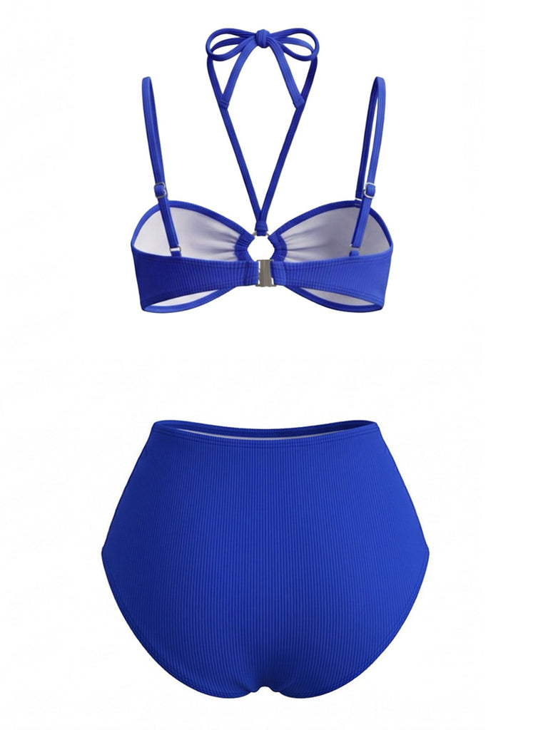Ensemble Bikini Bleu Orchidée & Paréo Jaune Années 1980