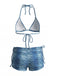 3 Pièces Bleu Clair Denim Plongeant Shorty Ensemble Bikini & Short Années 1980 2