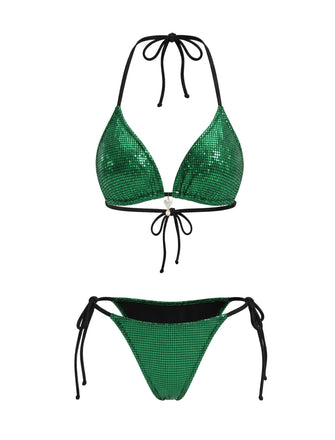 Set Bikini Triangle Vert Vif Halter à Paillettes Années '80 2