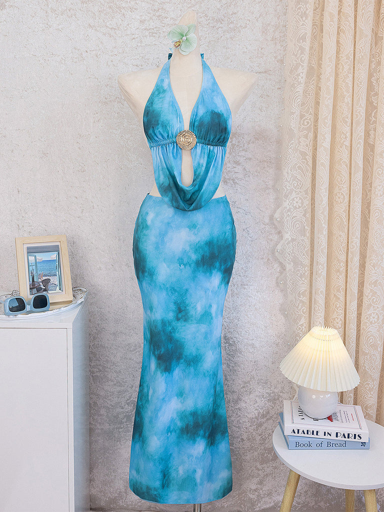 Robe Cache Maillot Longue Bleu Ciel Tie-Dye Halter à Découpes et Dos Nu Années '80 7