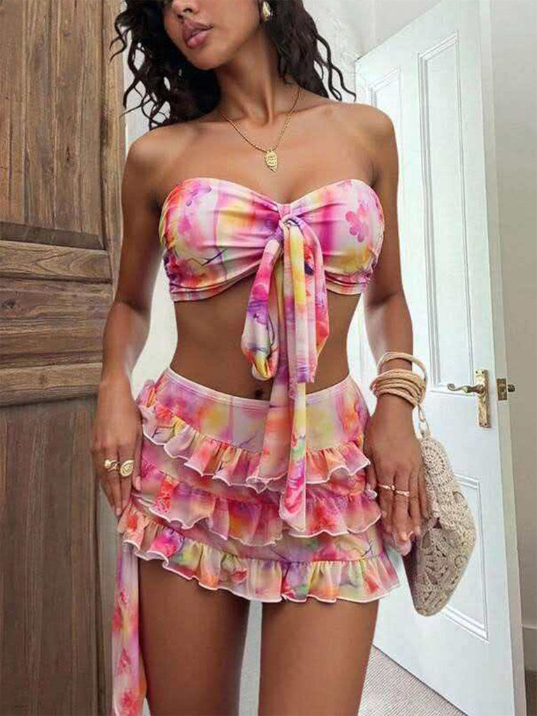 Rose Tie-Dye Floral Ensemble Bikini & Cache-Maillot Années 1980 4