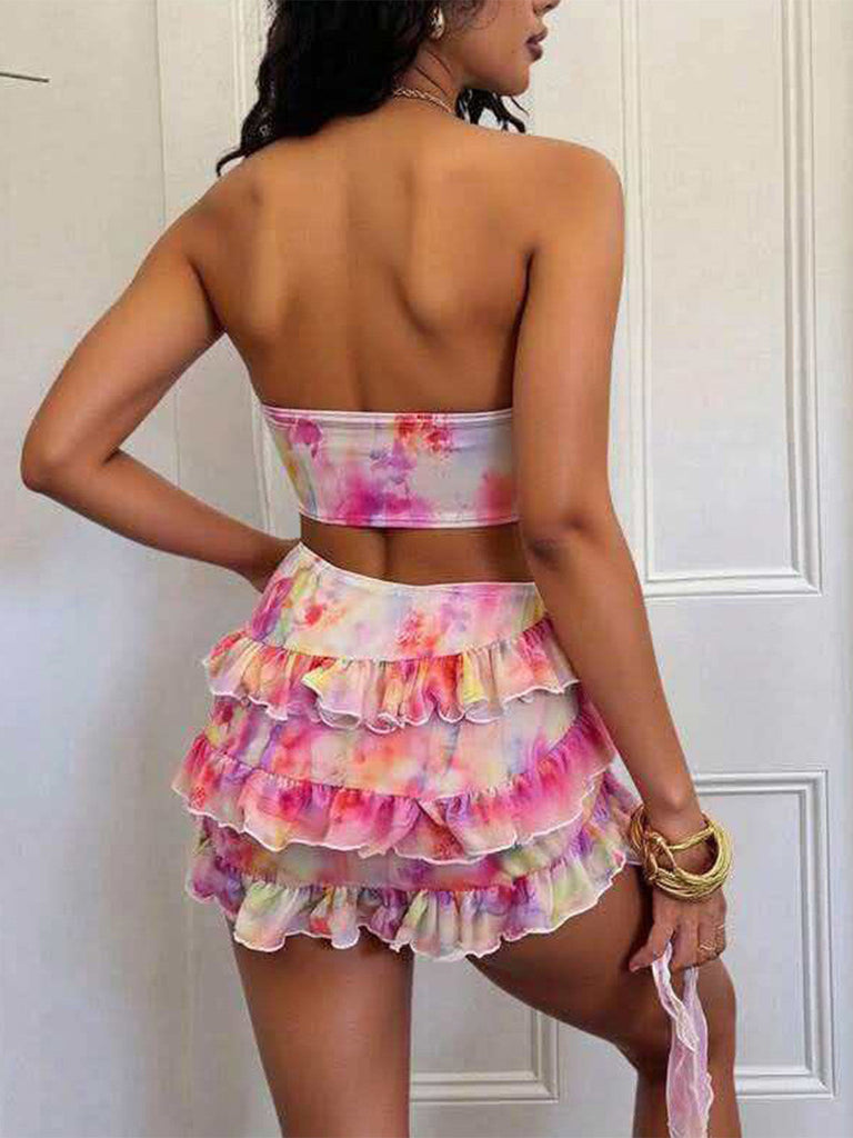 Rose Tie-Dye Floral Ensemble Bikini & Cache-Maillot Années 1980 5