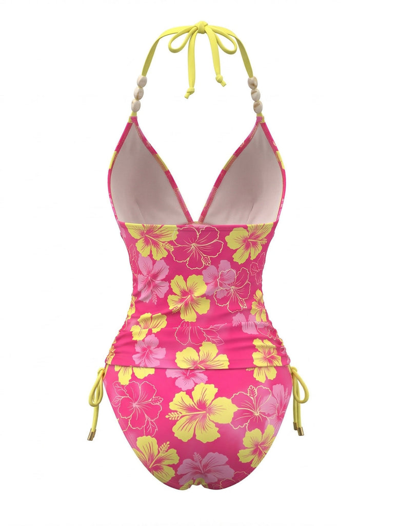 Set Bikini Halter à Fleurs à Bretelles Perlées Années '80