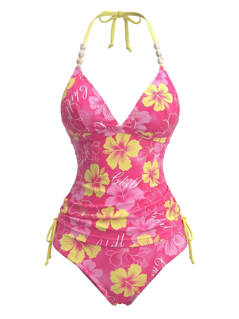 Ensemble Bikini Col Bando Fleuri Bretelles Perlées Années 80
