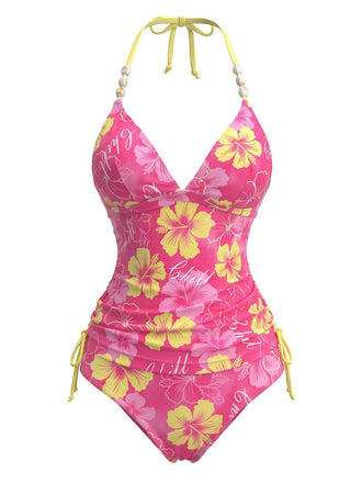 Ensemble Bikini Col Bando Fleuri Bretelles Perlées Années 80