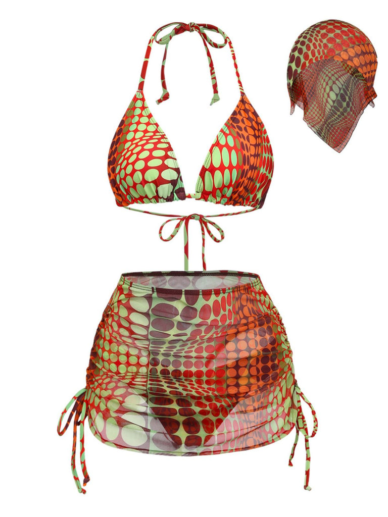 Orange Psychédélique à Pois Filet Ensemble Bikini Années 1960 2