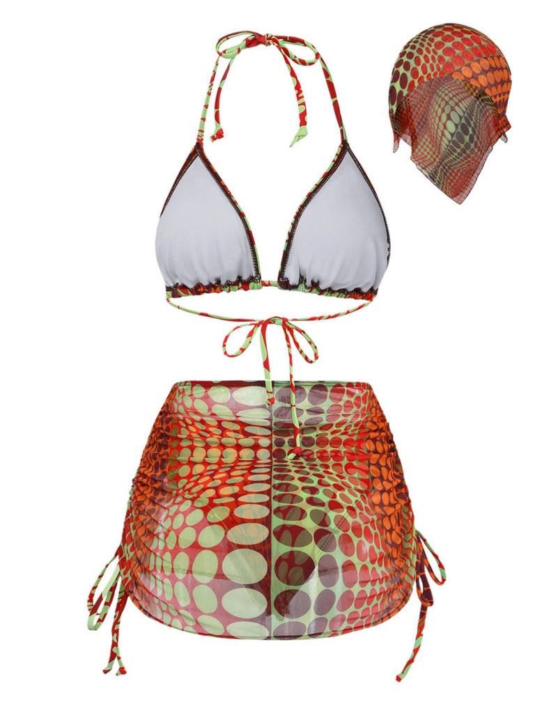Orange Psychédélique à Pois Filet Ensemble Bikini Années 1960 3