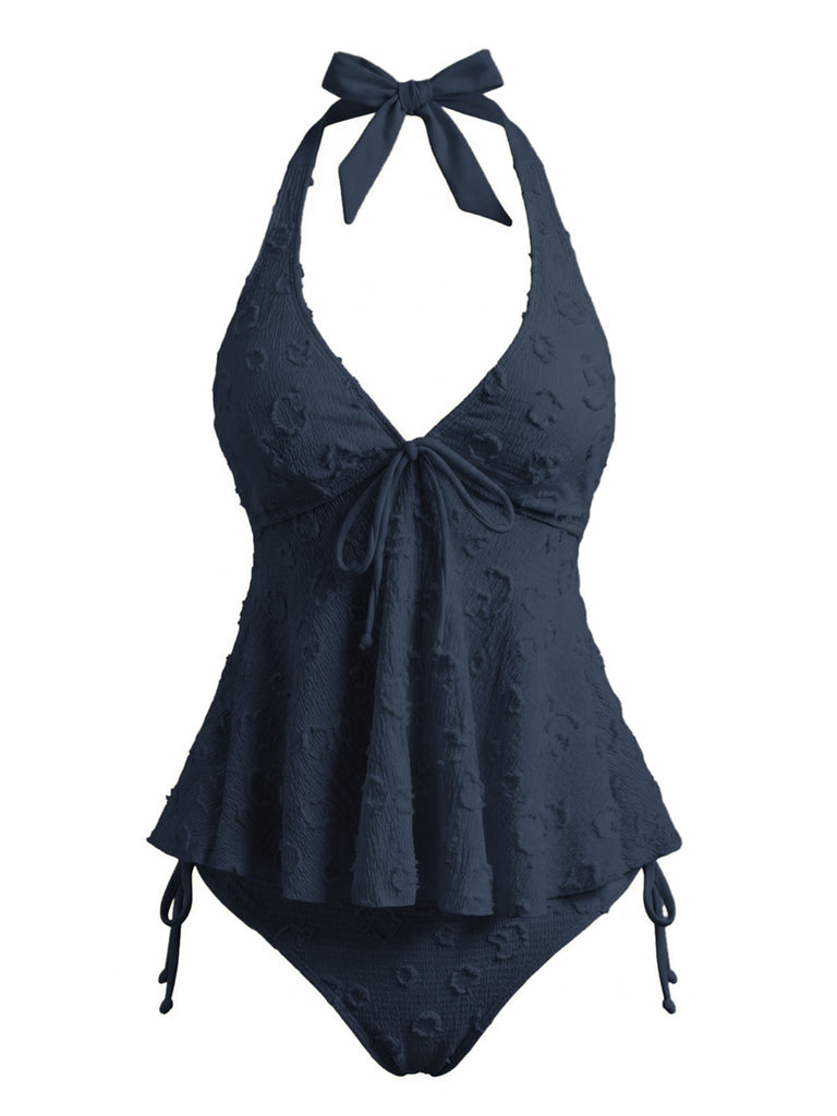 Ensemble tankini halter en V profond floral texturé années 1950