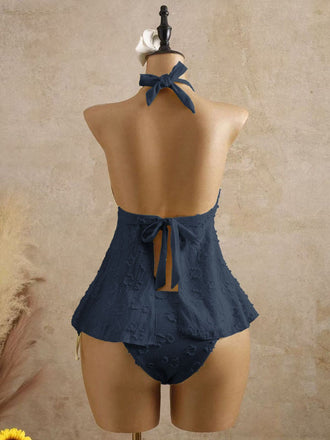 Ensemble tankini halter en V profond floral texturé années 1950