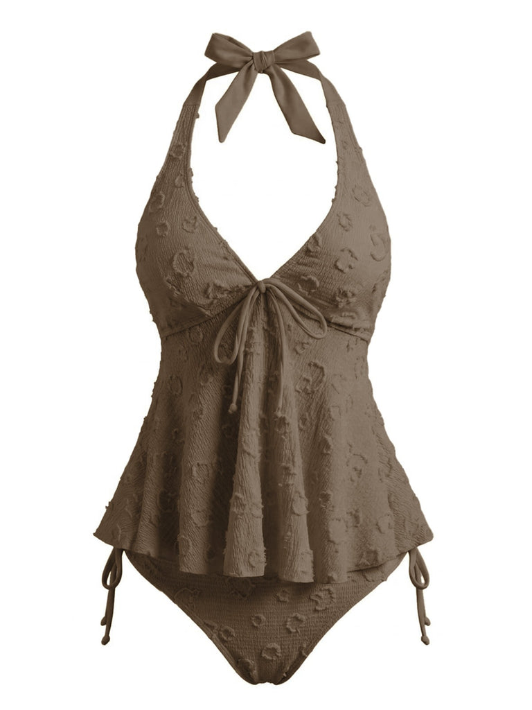 Ensemble tankini halter en V profond floral texturé années 1950