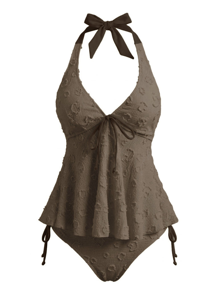 Ensemble tankini halter en V profond floral texturé années 1950
