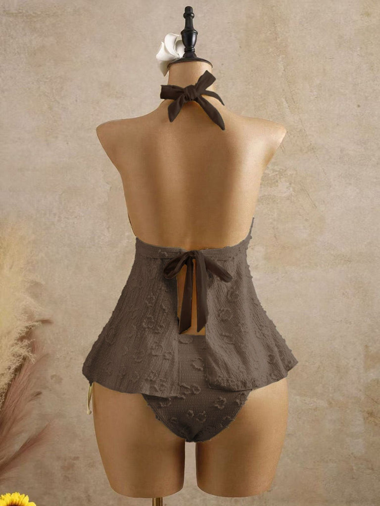 Ensemble tankini halter en V profond floral texturé années 1950