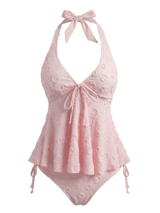 Ensemble tankini rose halter en V profond années 1950