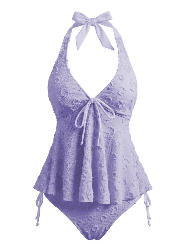 Ensemble tankini halter en V profond floral texturé années 1950