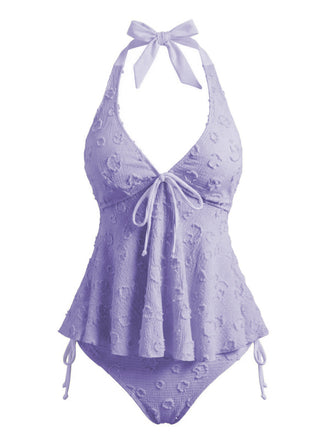 Ensemble tankini violet halter en V profond années 1950