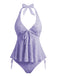 Ensemble tankini halter en V profond floral texturé années 1950